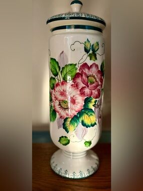 Vintage Hand-Painted Pink Floral Ceramic Vase - Home Accents